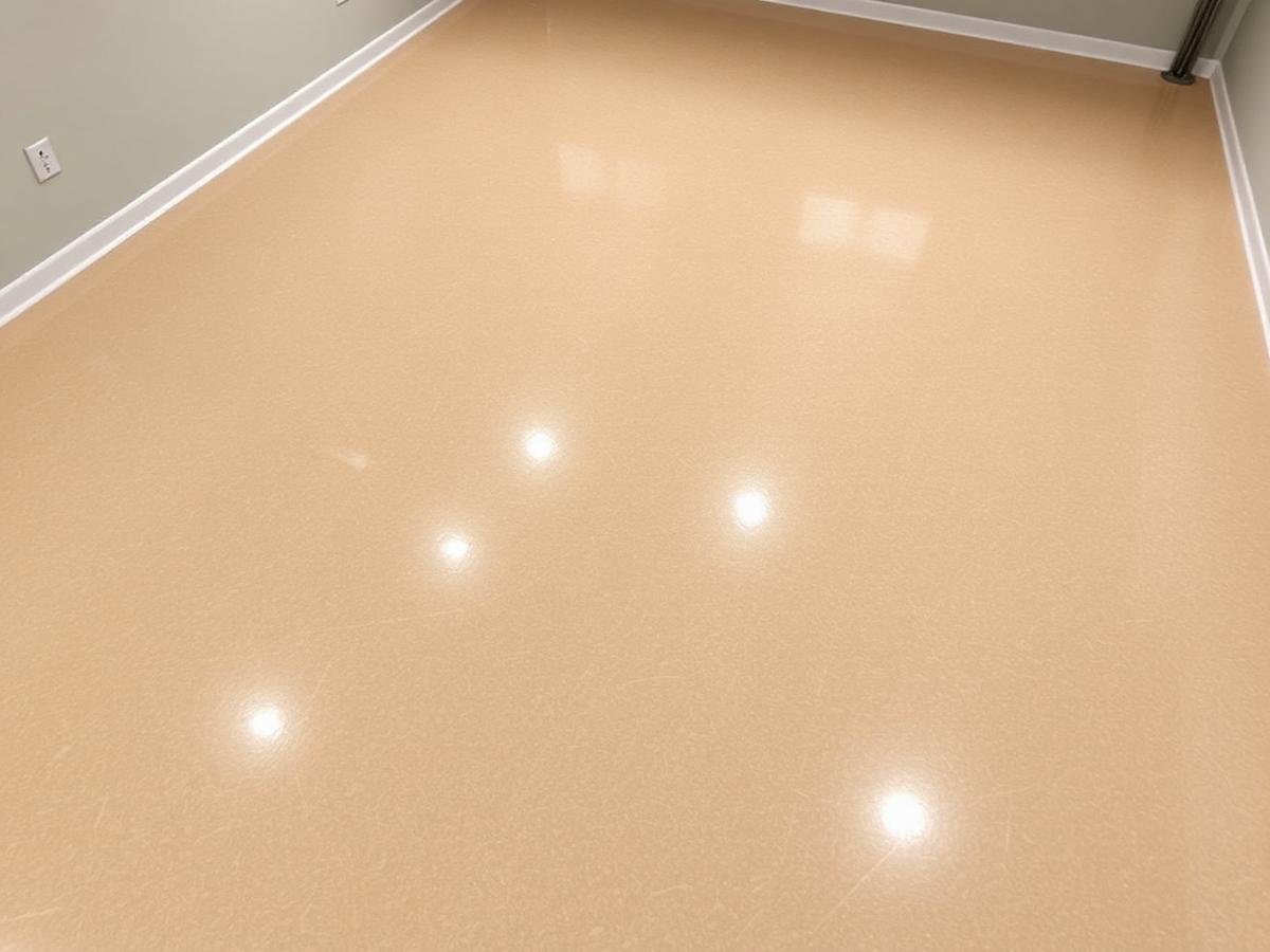 Finished tan and beige metallic epoxy garage floor with a high-gloss finish