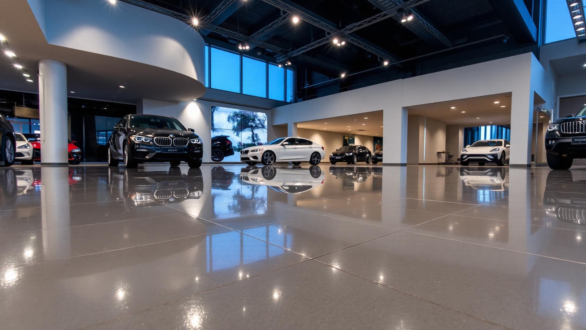 Commercial showroom with a mirror-like polyaspartic floor coating reflecting parked luxury cars